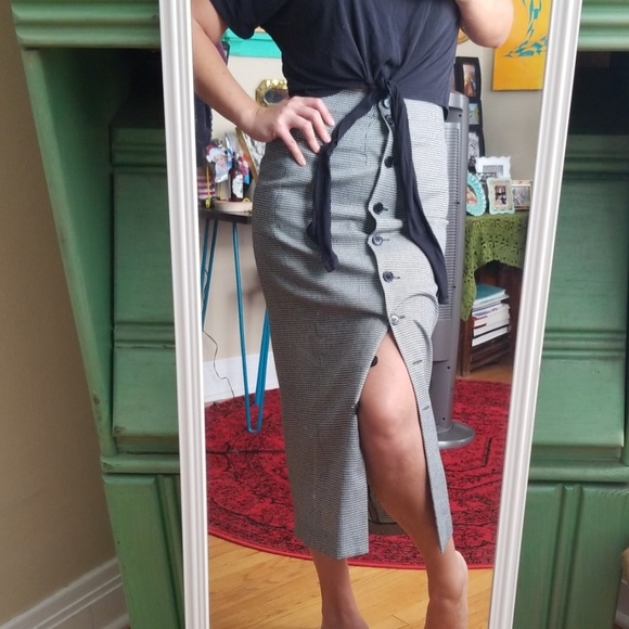 VTG Gingham Blk & White Button Pencil Skirt - Picture 2 of 8